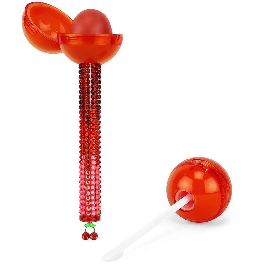 Glossy Pops TGI Fruity lip balm in Cherry flavor with a fun pop stick applicator and shimmering beads