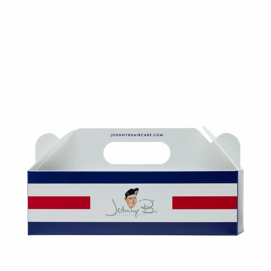 Johnny B barbering box with a classic barber pole design for stylish grooming supplies storage