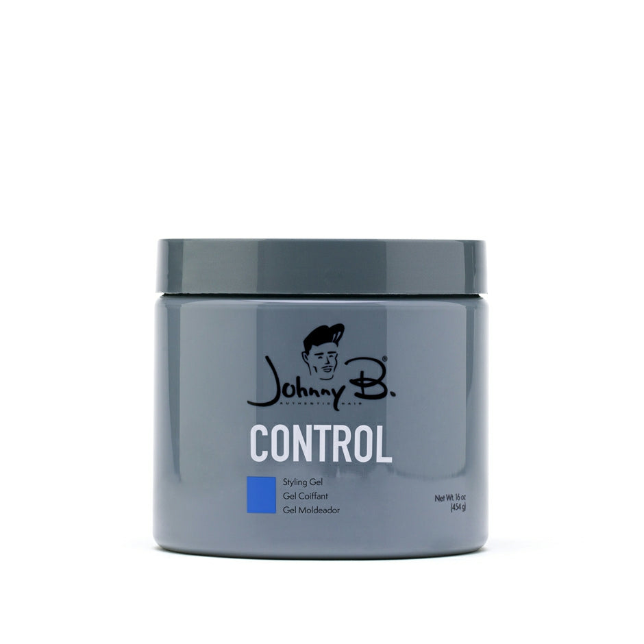 Johnny B Control Styling Gel in a gray jar for strong hold and long-lasting styles
