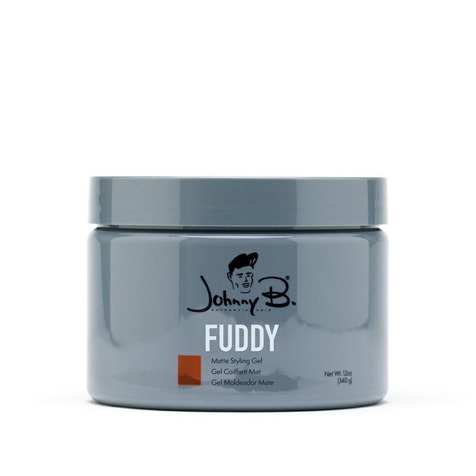 Johnny B Fuddy Matte Gel in a sleek gray container for stylish hair hold and matte finish