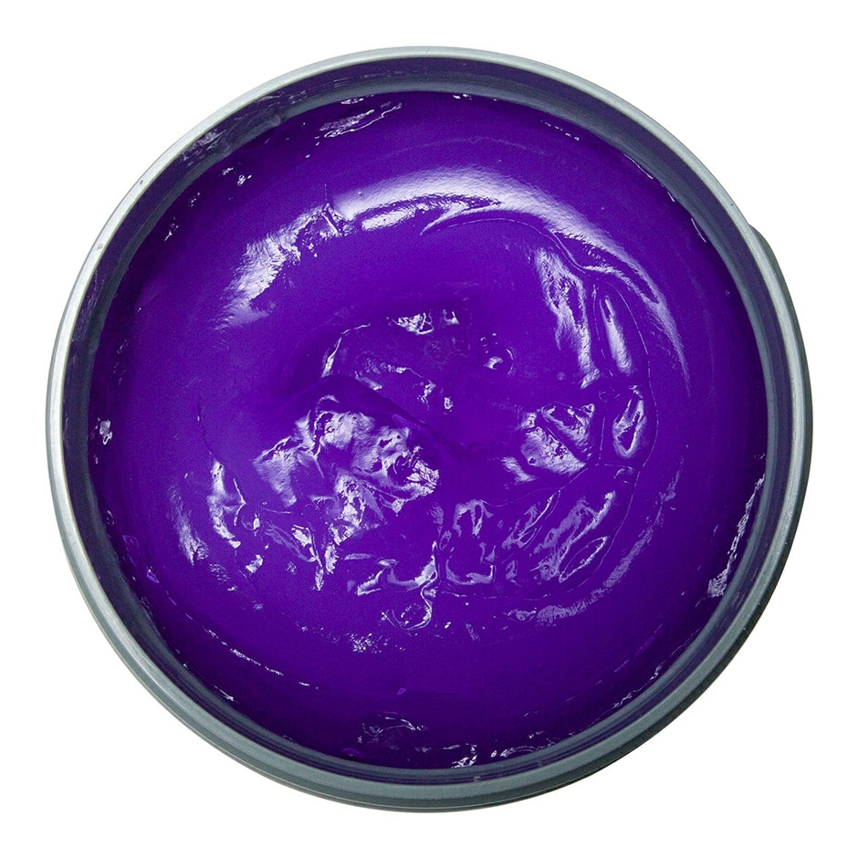 Johnny B King Mode hair gel in a round container showcasing its rich purple color and smooth texture