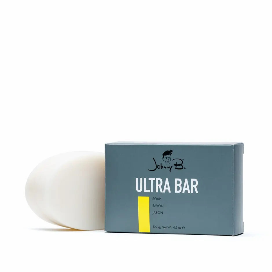 Johnny B Ultra Bar Soap packaged in a sleek box with a simple design for effective cleansing