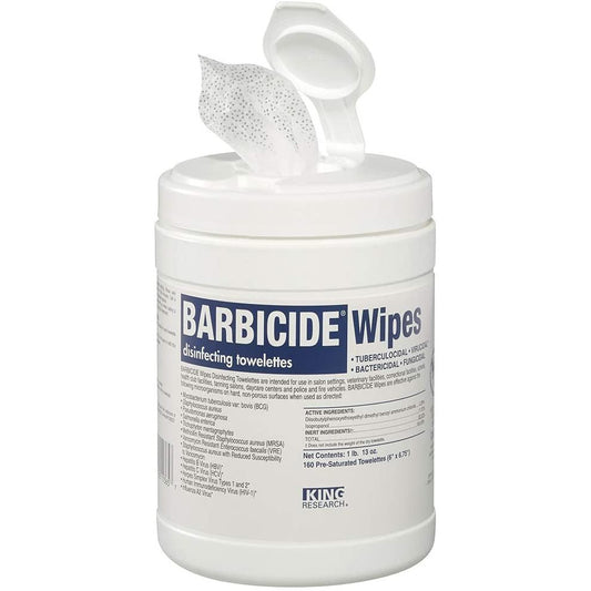 Barbicide disinfecting wipes in a white container for quick and effective surface cleaning