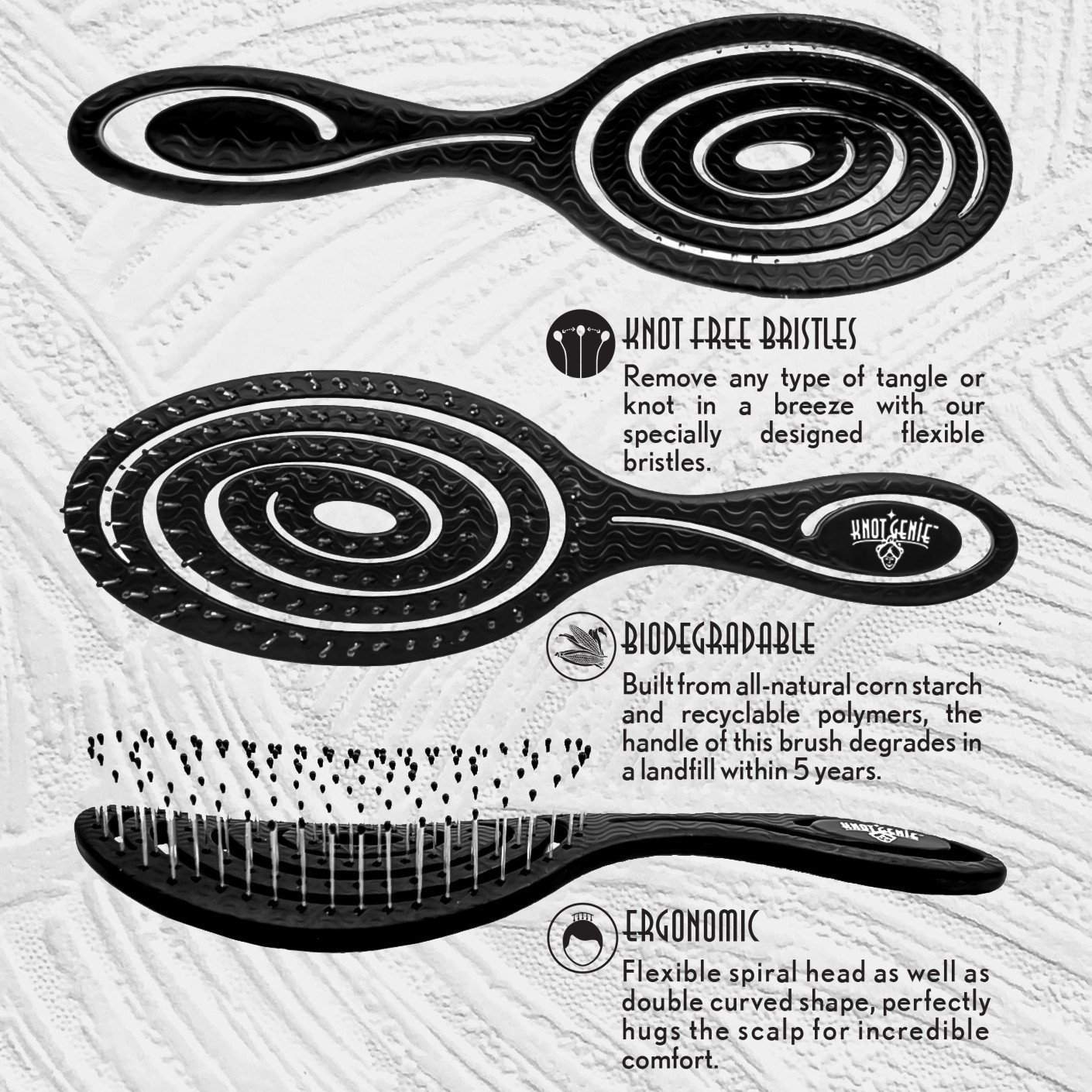 Knot Genie Eco-Friendly Detangling Brush with Biodegradable Bristles and Ergonomic Design
