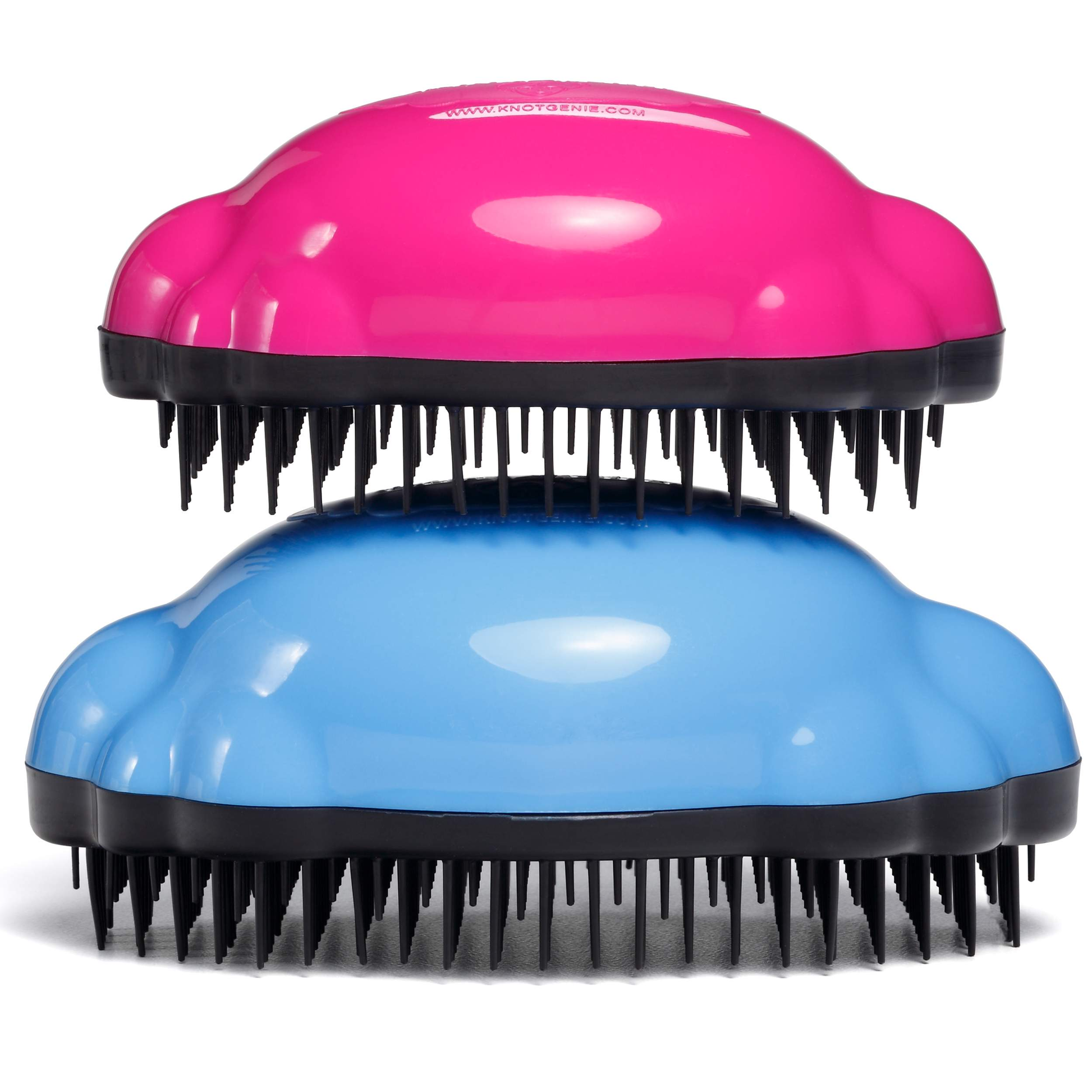 Knot Genie Teeny Genie detangling brush in pink and blue with flexible bristles for easy hair detangling