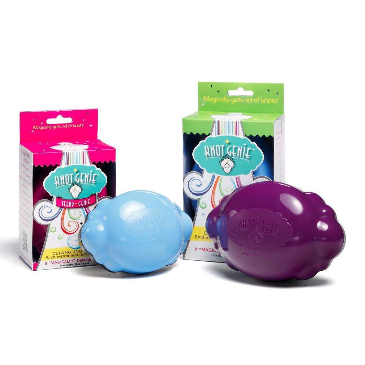 Knot Genie Teeny Genie detangling brush set in blue and purple with colorful packaging for effortless hair detangling