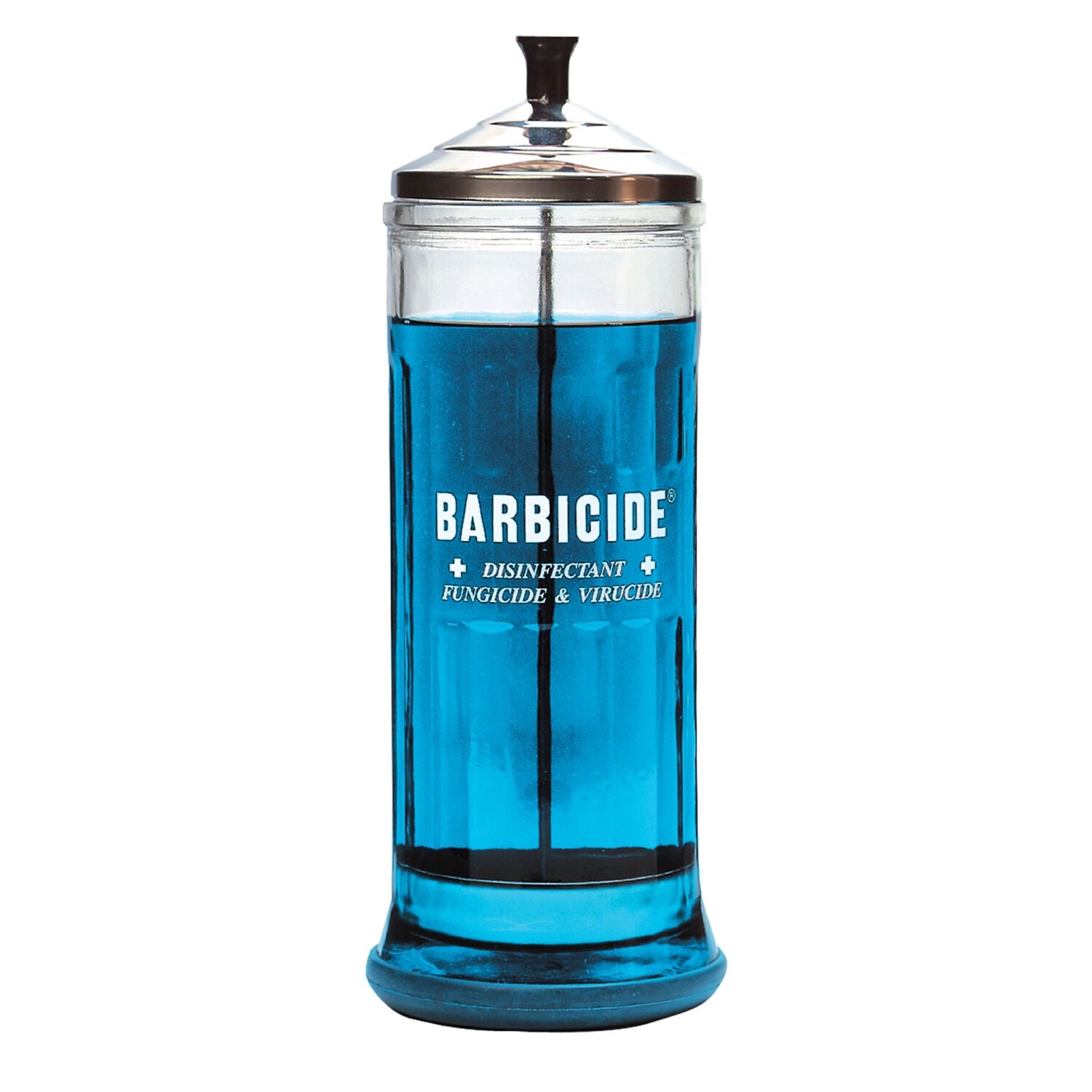 Large Barbicide jar filled with blue disinfectant for salon and spa use
