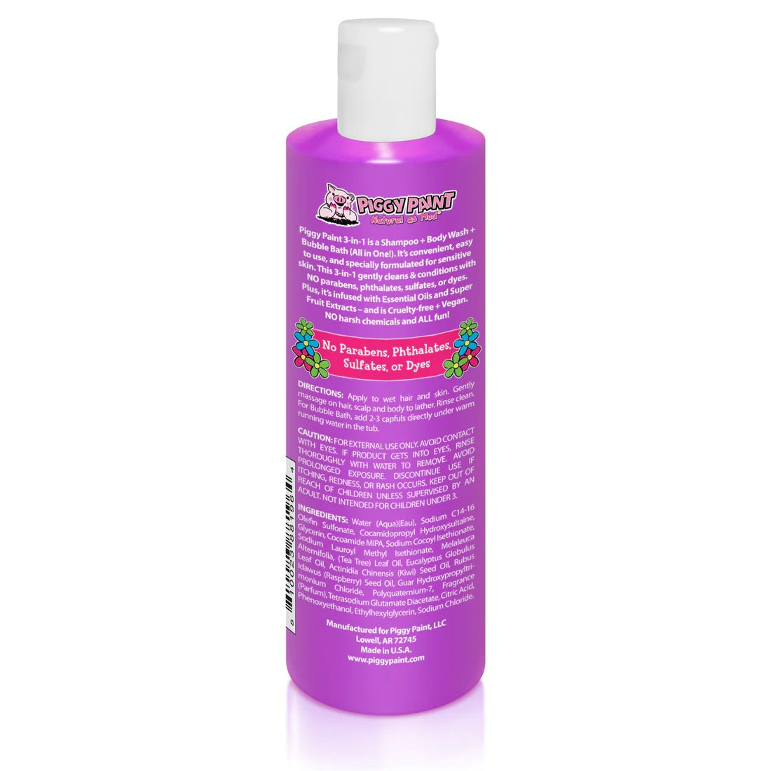 Piggy Paint 3-in-1 shampoo bottle in purple, ideal for gentle cleansing and moisturizing kids hair and skin