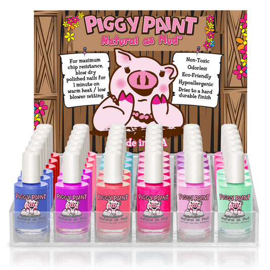 Piggy Paint acrylic display featuring a colorful assortment of non-toxic nail polishes for kids
