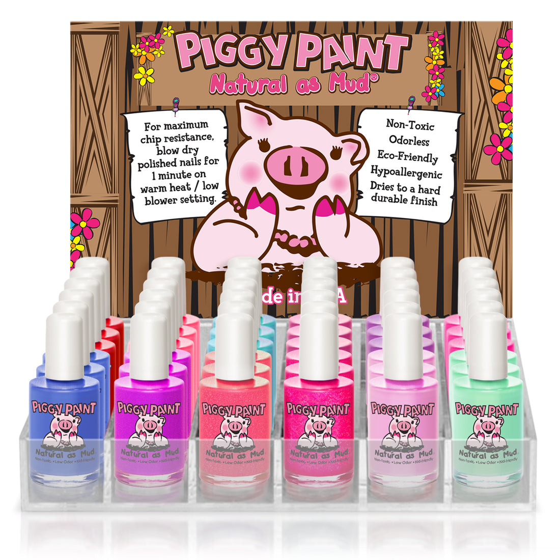 Piggy Paint acrylic display featuring a colorful assortment of non-toxic nail polishes for kids