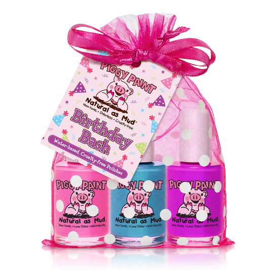 Piggy Paint Birthday Bash Gift Set featuring three vibrant, kid-friendly nail polishes in a cute bag