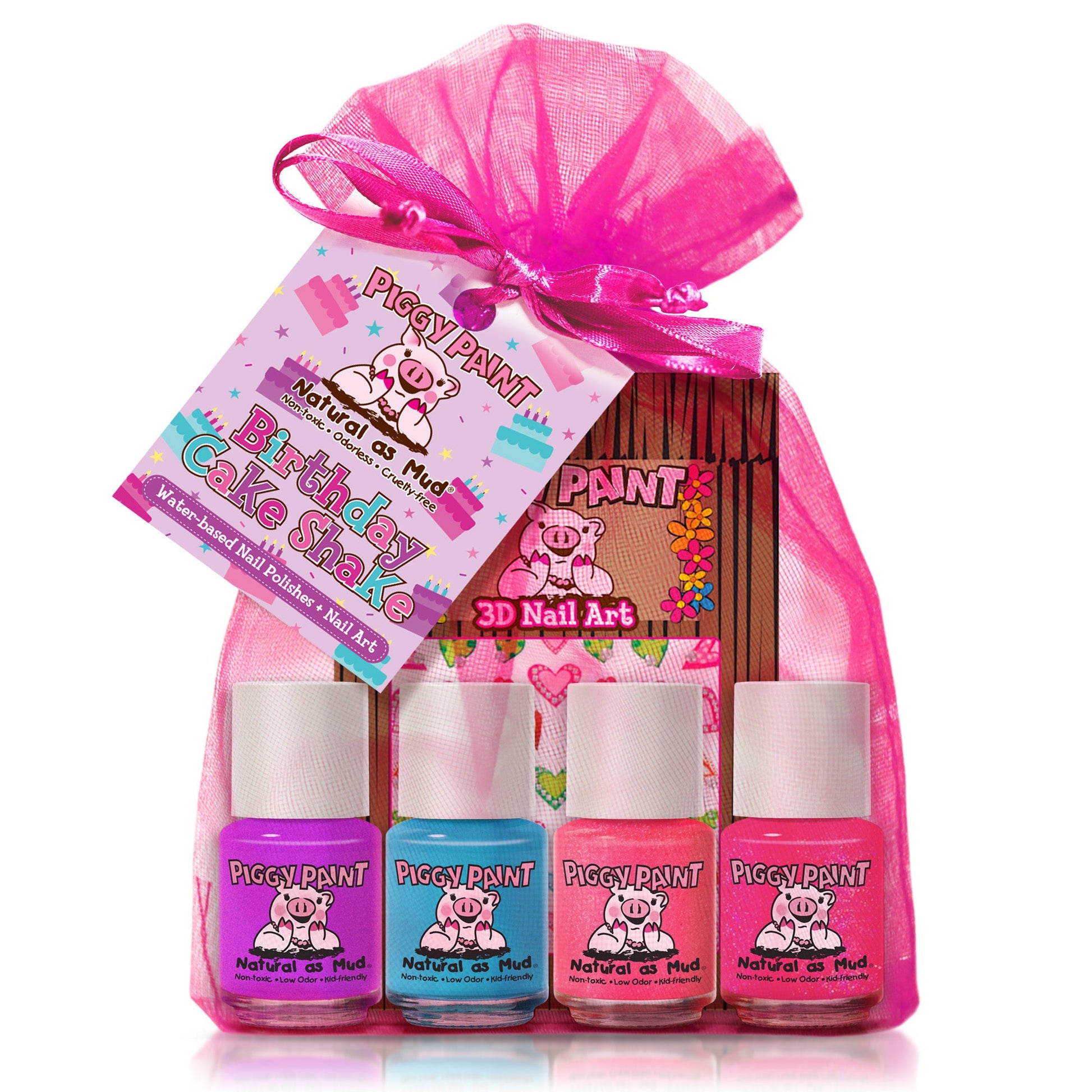 Piggy Paint Birthday Cake Shake gift set featuring vibrant nail polish and 3D nail art in a decorative pouch