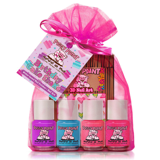 Piggy Paint Birthday Cake Shake gift set featuring vibrant nail polish and 3D nail art in a decorative pouch