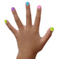 Child's hand showcasing colorful nails with Piggy Paint Funny Bunny gift set nail polish in pastel shades