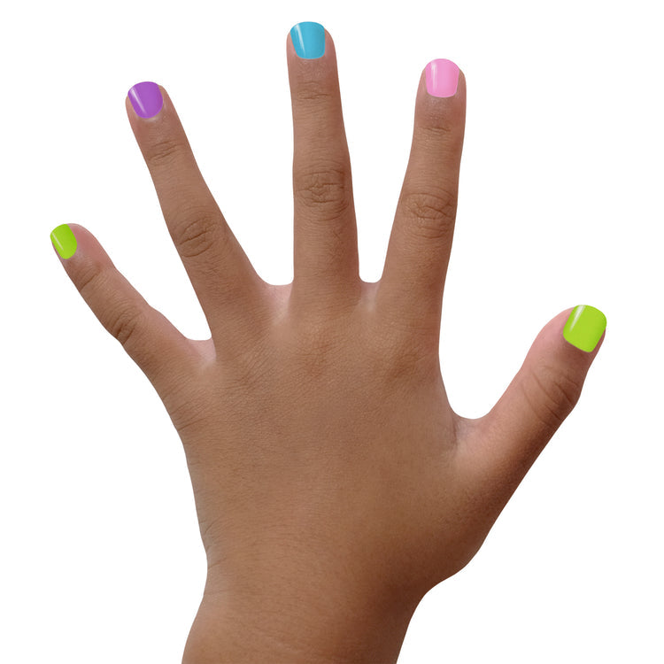 Child's hand showcasing colorful nails with Piggy Paint Funny Bunny gift set nail polish in pastel shades