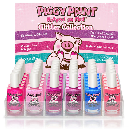 Piggy Paint glitter nail polish display featuring vibrant, water-based colors free of harsh chemicals