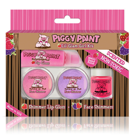 Piggy Paint Lil' Glam Girl Kit featuring lip gloss and face shimmers for kids in a colorful packaging