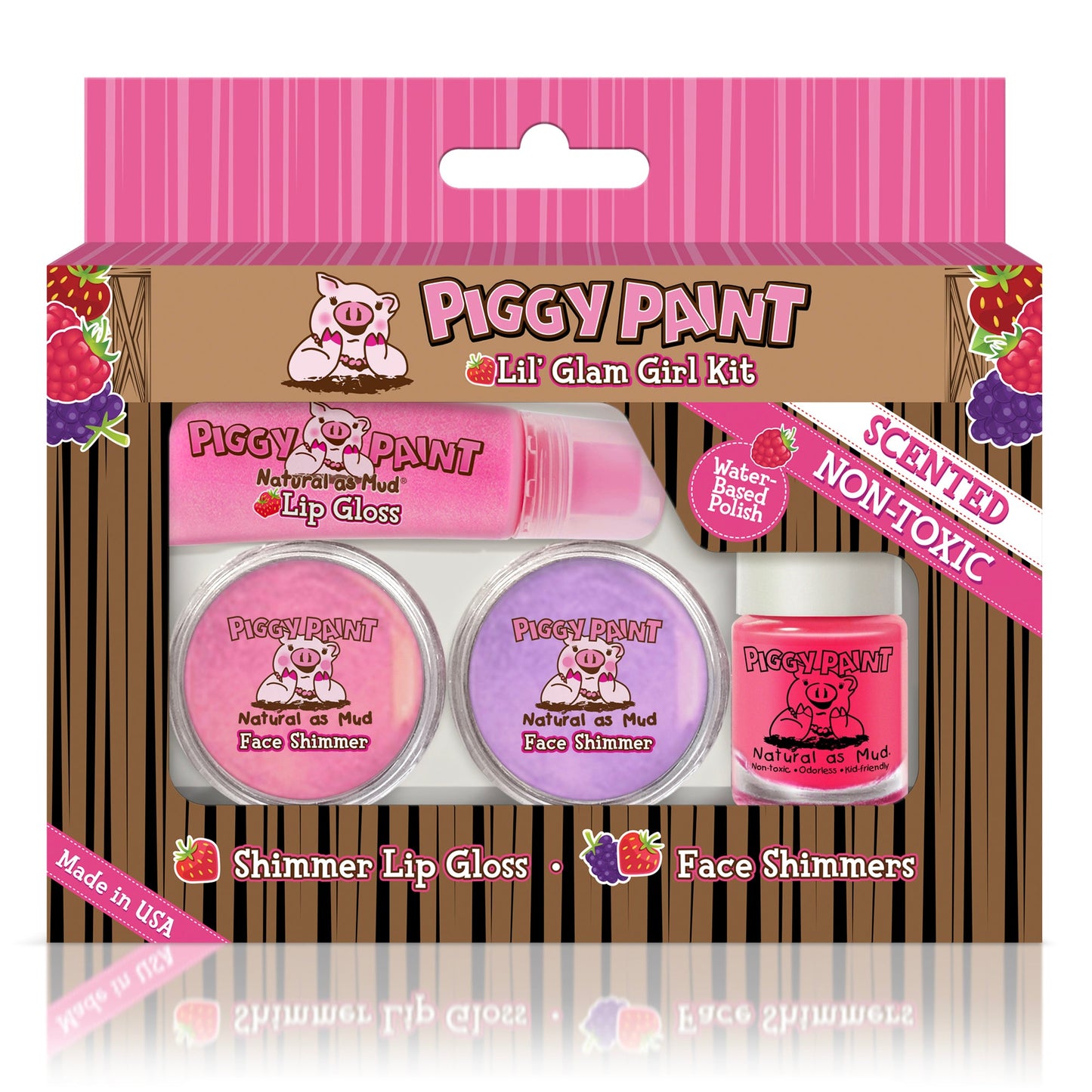 Piggy Paint Lil' Glam Girl Kit featuring lip gloss and face shimmers for kids in a colorful packaging