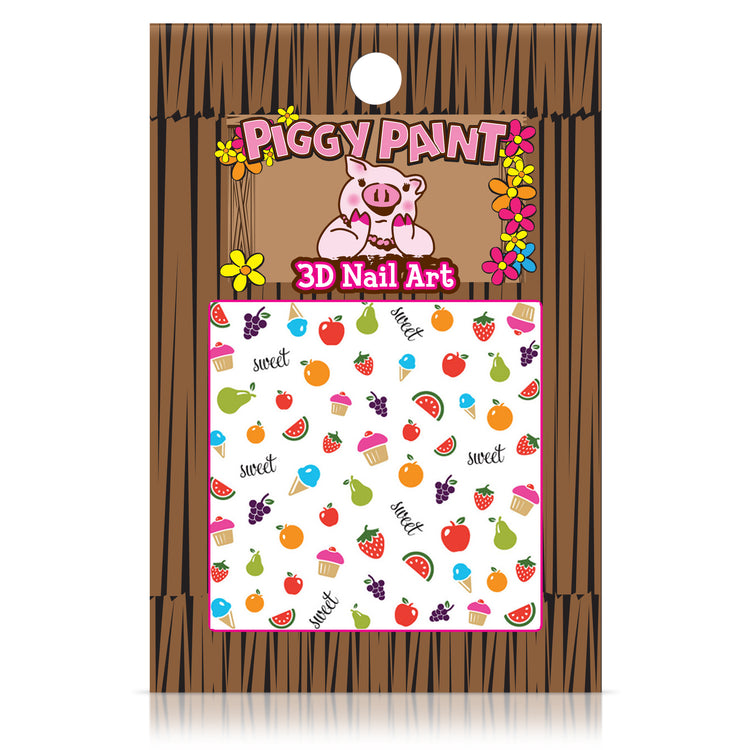 Colorful Piggy Paint nail art stickers featuring fruits and treats for fun nail designs