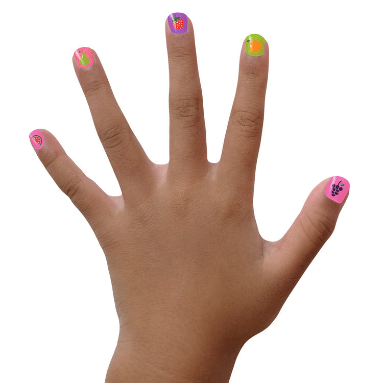 Colorful Piggy Paint nail art stickers displayed on a child's manicured hand