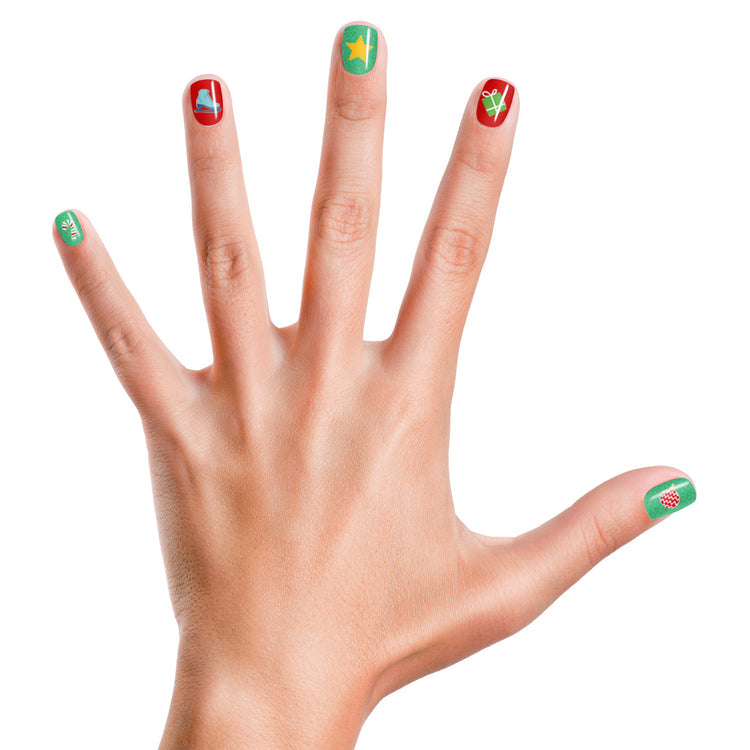 Colorful hand with various Piggy Paint nail art stickers showcasing fun designs on each nail