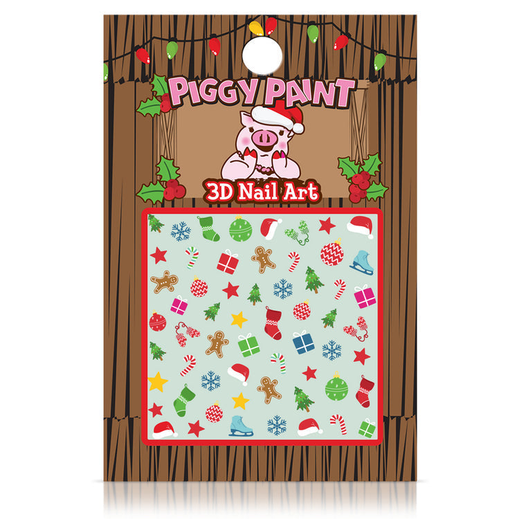 Piggy Paint nail art stickers featuring festive holiday designs like snowmen, gifts, and Christmas trees