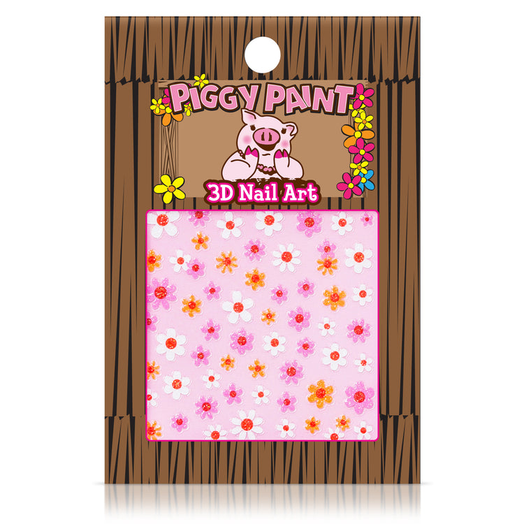 Piggy Paint nail art stickers featuring colorful flower designs on a pink background for fun nail decorating