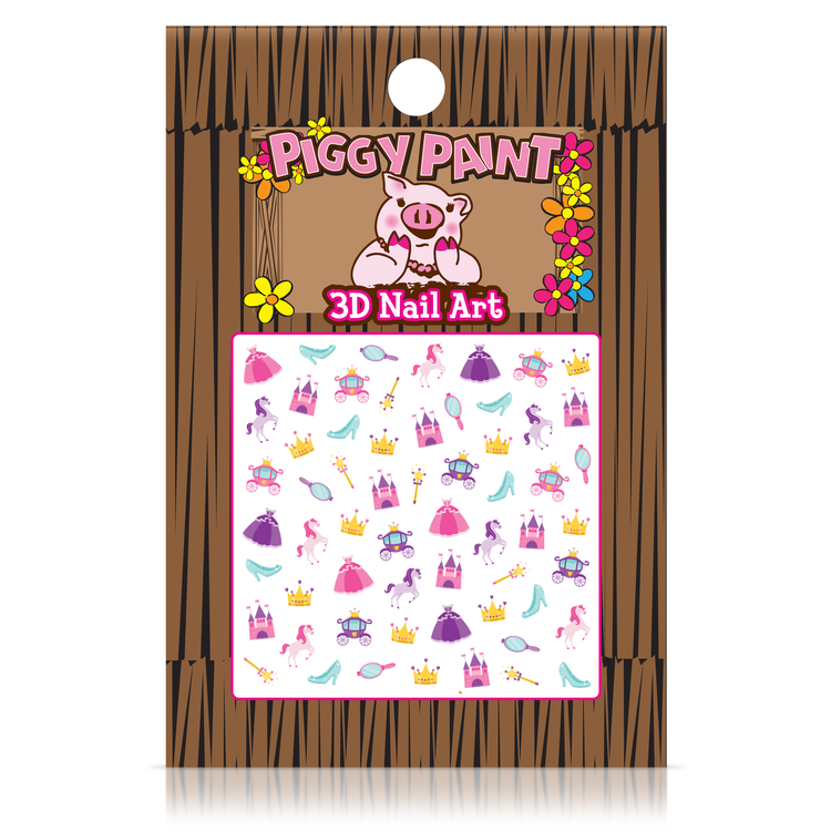 Piggy Paint nail art stickers featuring colorful designs like crowns, shoes, and unicorns for creative manicures