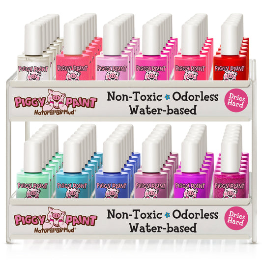 Piggy Paint nail polish display featuring a variety of non-toxic, odourless water-based nail polishes