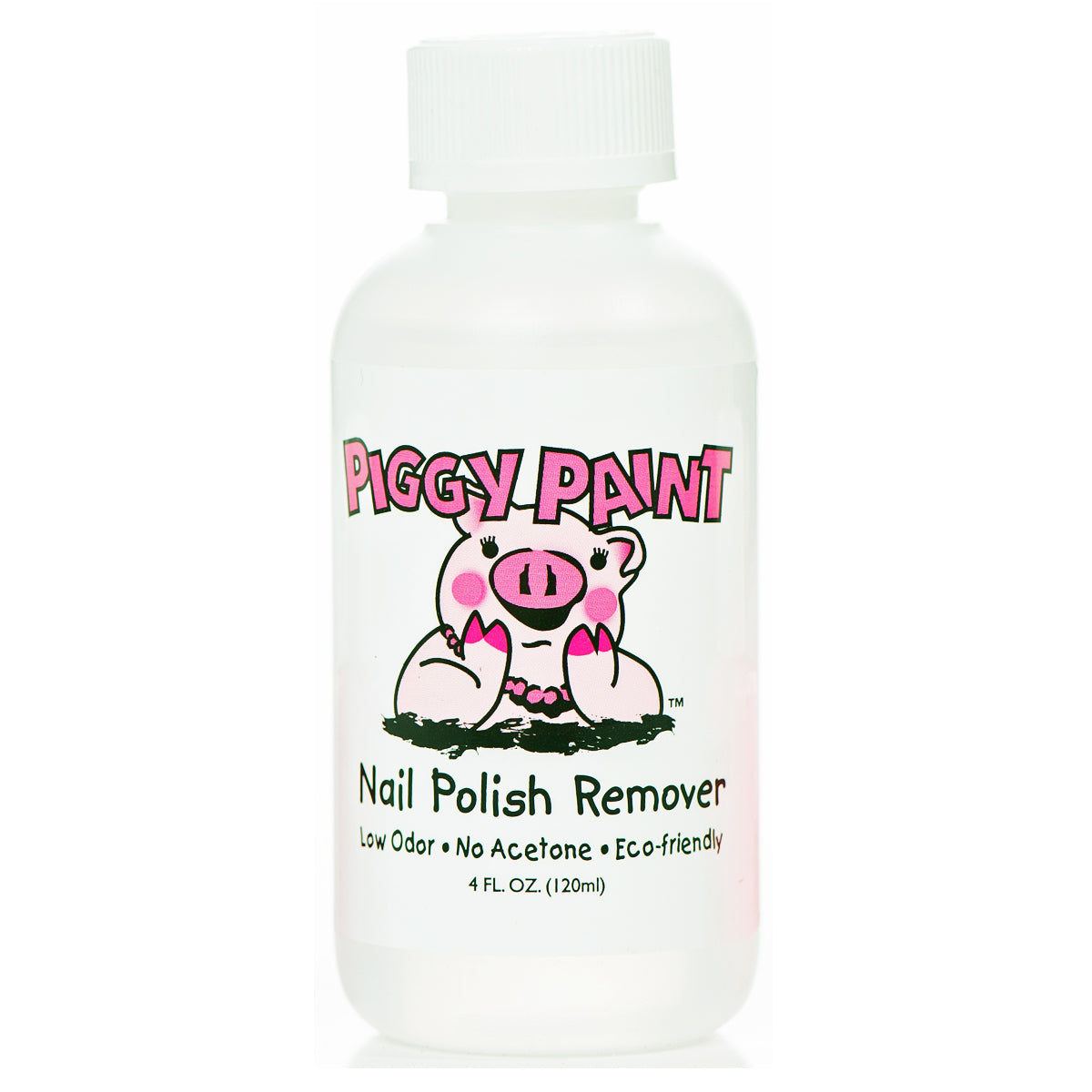 Piggy Paint nail polish remover in a 4 oz bottle, eco-friendly with low odor and no acetone