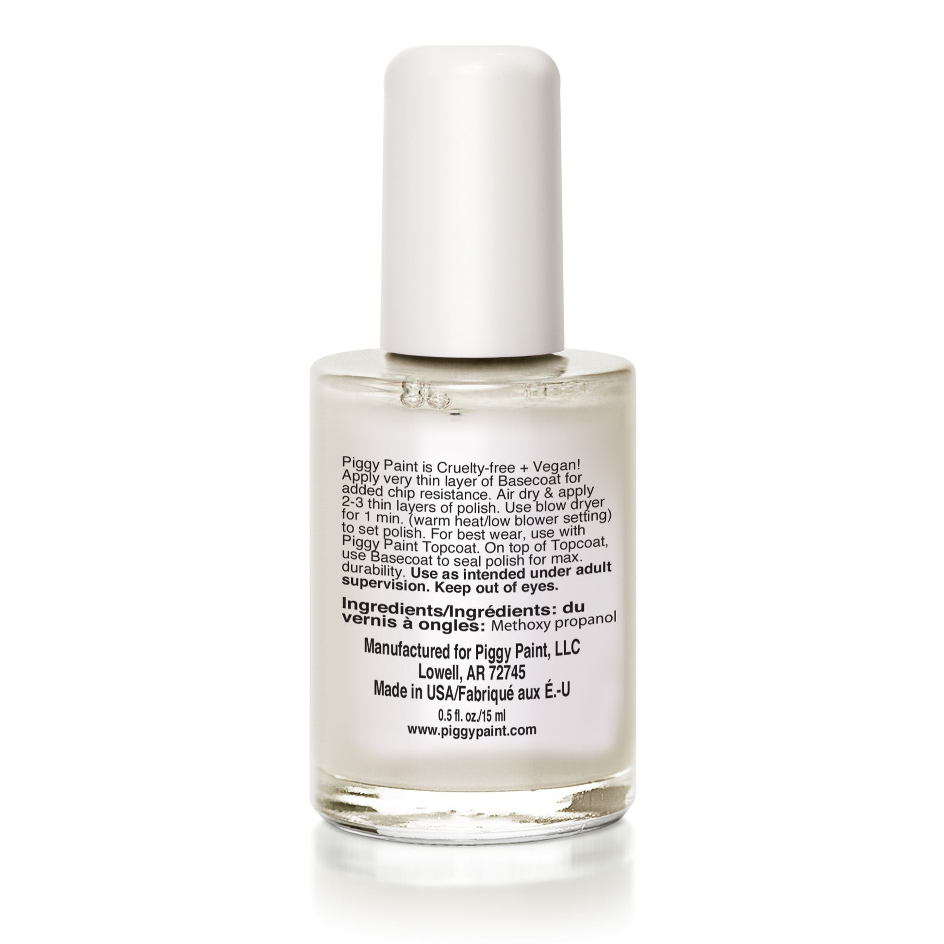 Piggy Paint non toxic basecoat nail polish in clear bottle for safe and healthy nail care