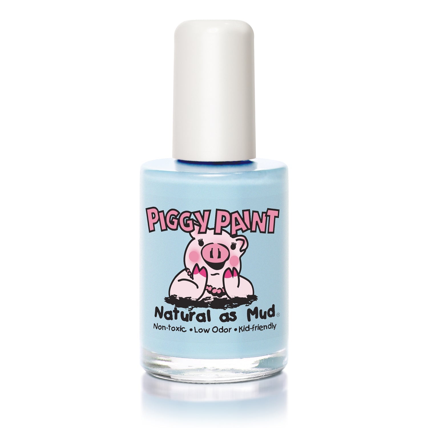 Piggy Paint blue nail polish bottle labeled non-toxic nail polish for kids with cute pig illustration