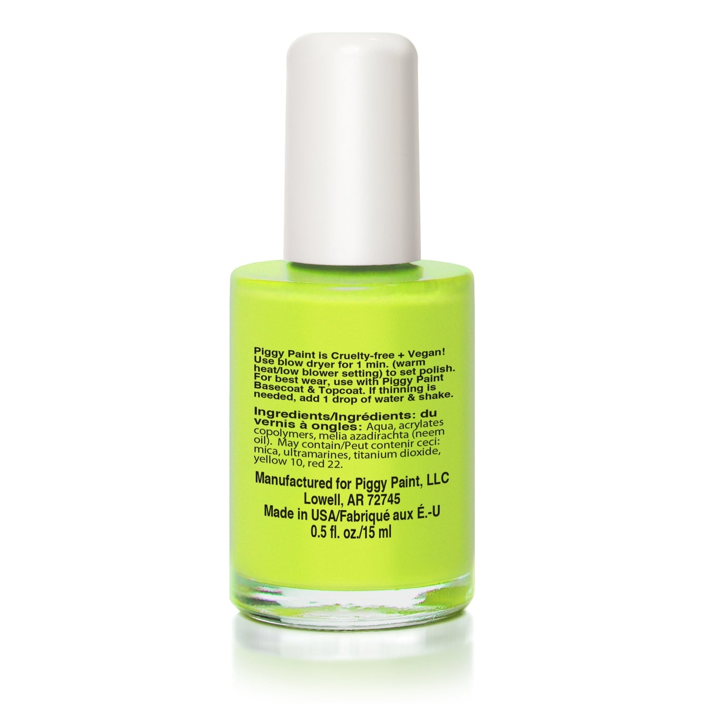 A 0.5 oz. bottle of Piggy Paint Non-Toxic Nail Polish with a white cap, featuring a kid-friendly label that highlights its hypoallergenic, vegan formula and ingredient details on the front.