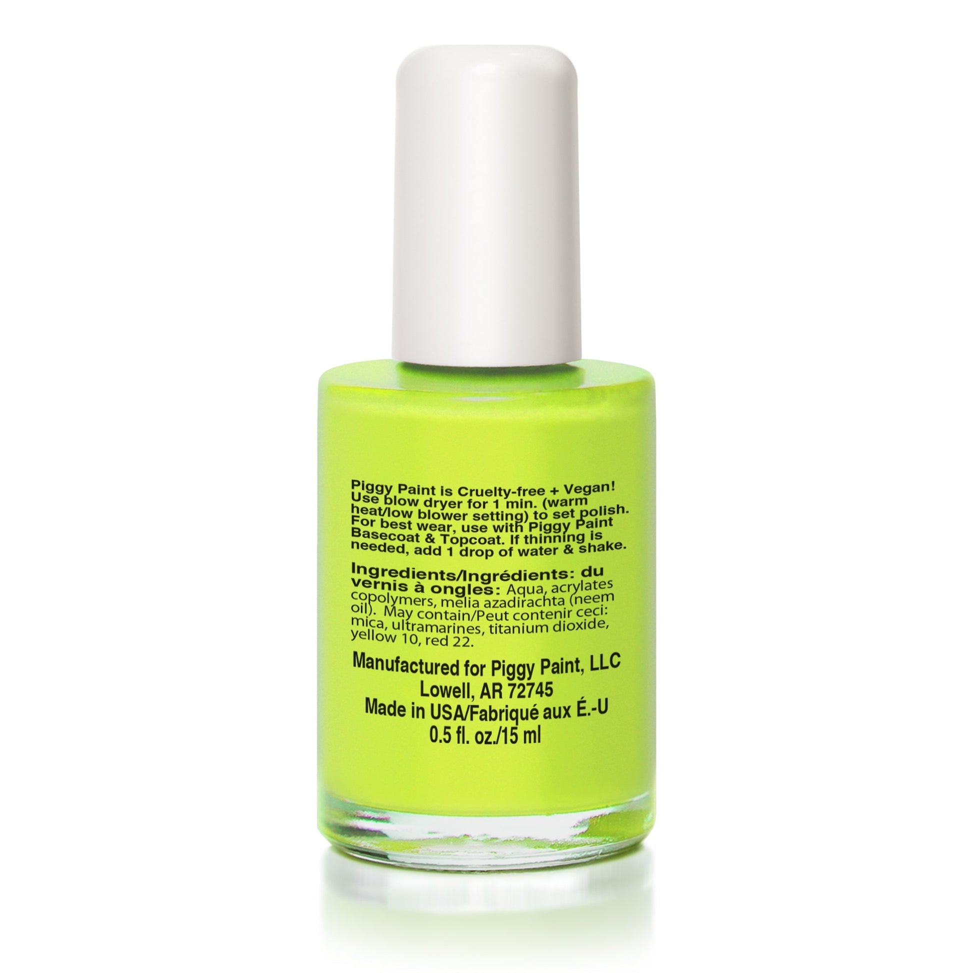 A 0.5 oz. bottle of Piggy Paint Non-Toxic Nail Polish with a white cap, featuring a kid-friendly label that highlights its hypoallergenic, vegan formula and ingredient details on the front.