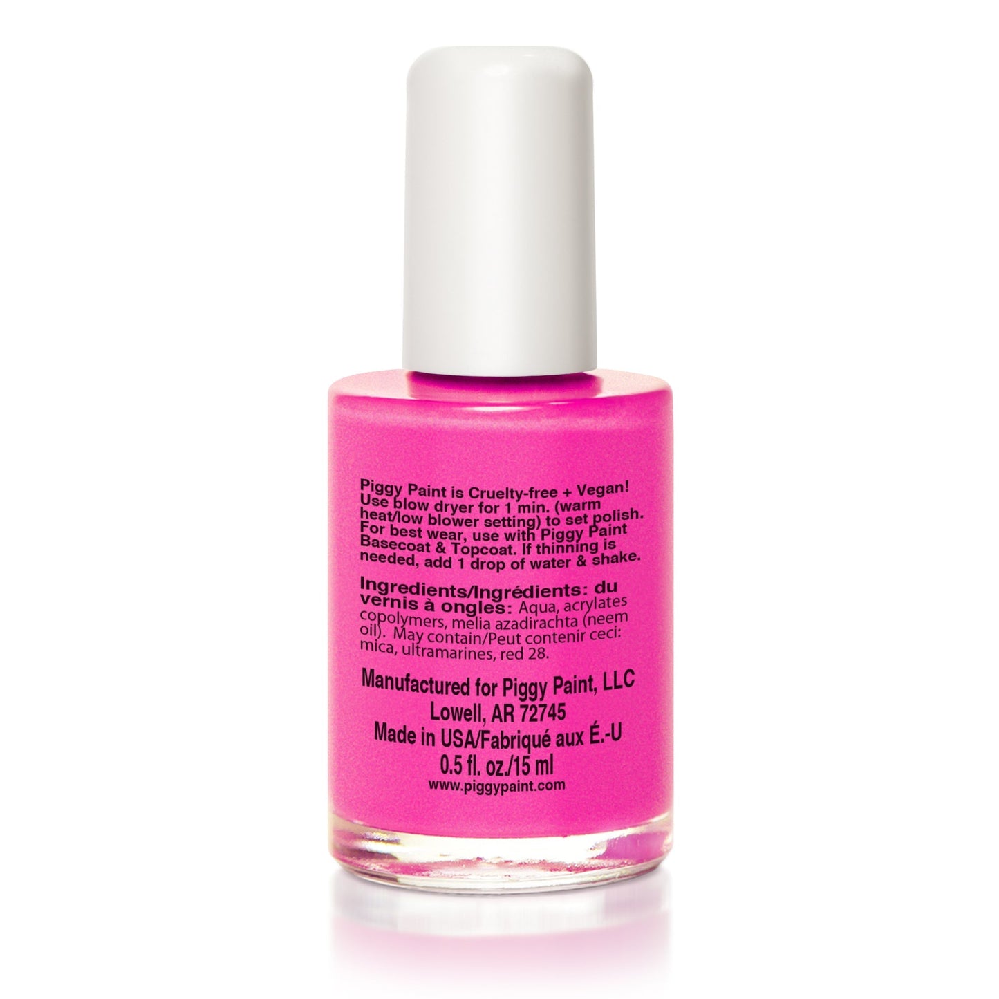 Bright pink Piggy Paint non-toxic nail polish for kids in a 0.5 fl oz bottle, perfect for little ones