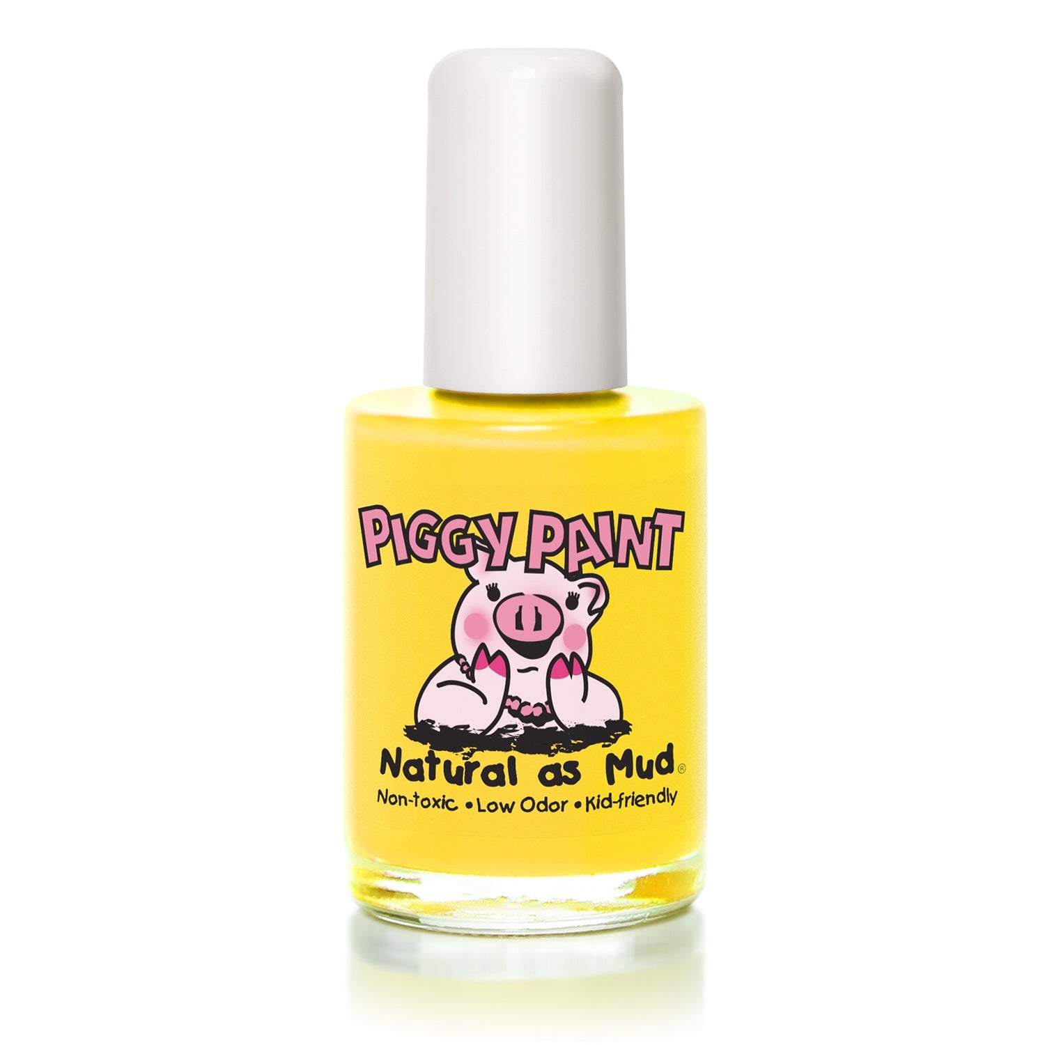 Piggy Paint yellow nail polish bottle, non-toxic nail polish for kids, low odor and kid-friendly formula