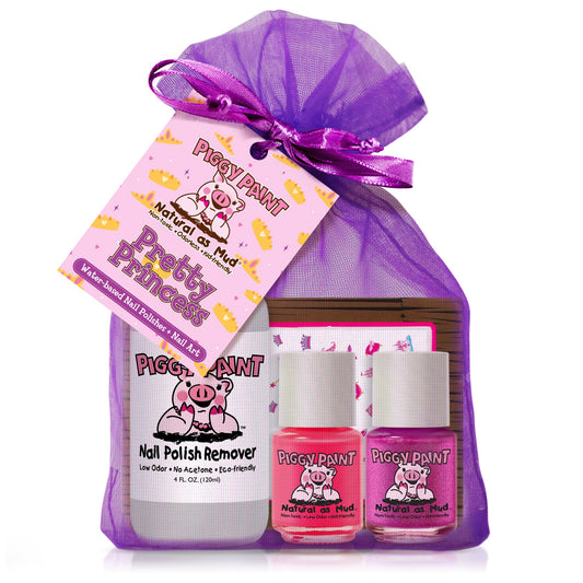 Piggy Paint Pretty Princess gift set with natural nail polish and remover in a cute purple drawstring bag