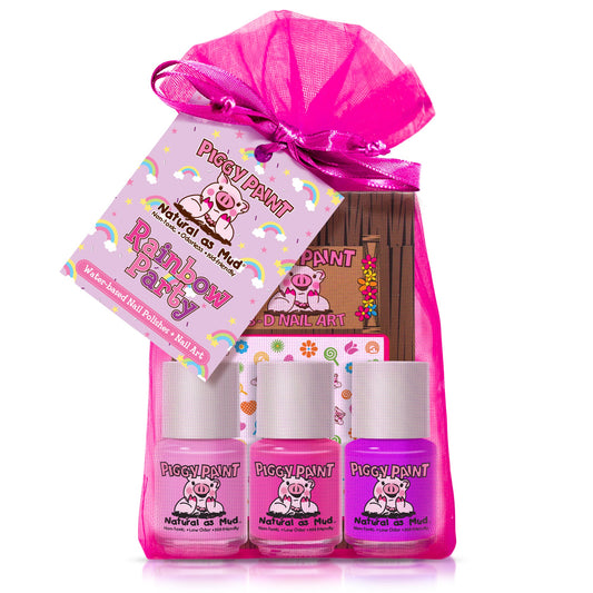 Piggy Paint Rainbow Party Gift Set with three non-toxic nail polishes and nail art accessories