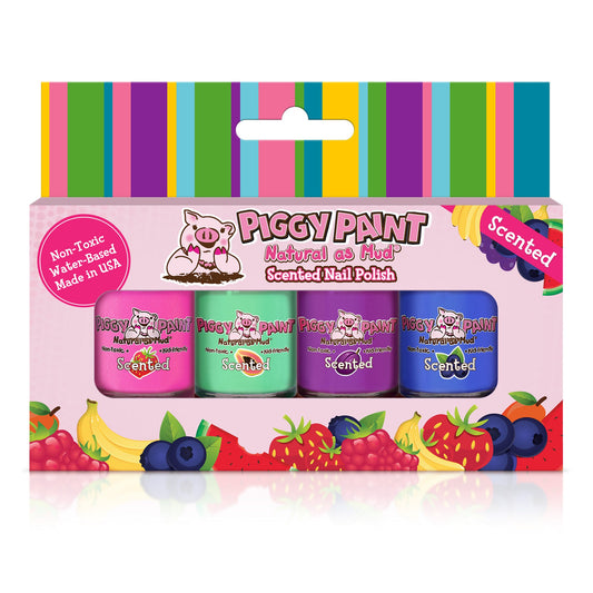 Piggy Paint scented nail polish set featuring four vibrant colors in a stylish package