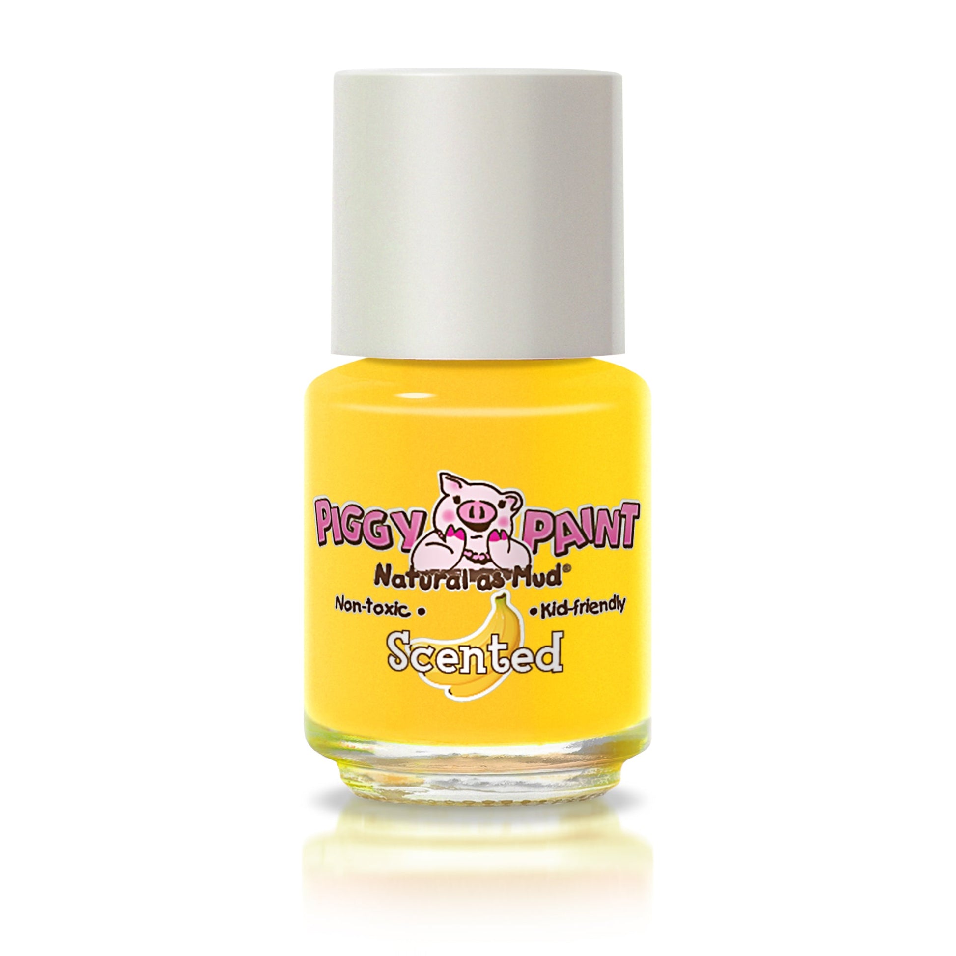 Bright yellow Piggy Paint scented nail polish in a 0.5 oz bottle, kid-friendly and non-toxic