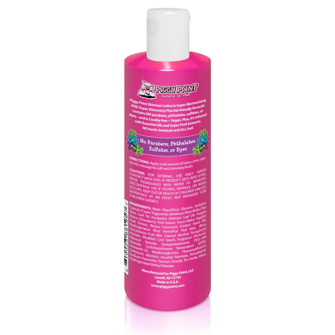 Piggy Paint Strawberry Shimmer Lotion in a vibrant pink bottle for moisturizing skin with no harmful ingredients