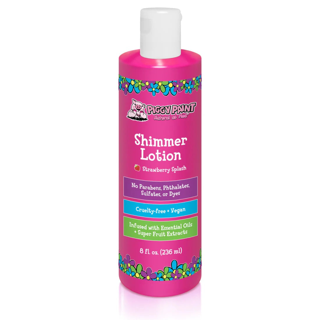 Piggy Paint Strawberry Shimmer Lotion in a pink bottle, infused with essential oils and super fruit extract