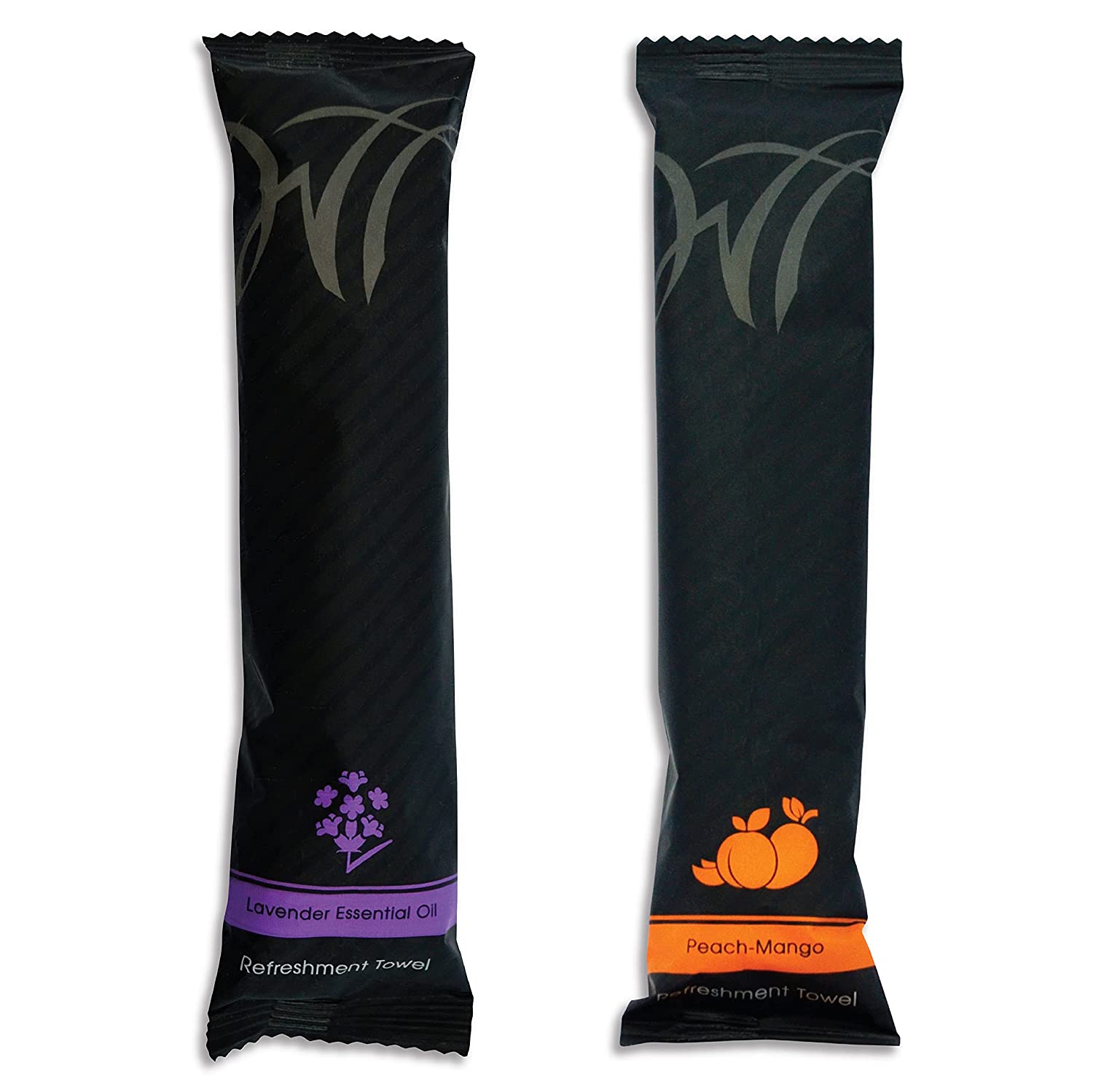 Lavender and peach-mango refreshment towels in premium black packaging, perfect for wellness and hospitality settings.
