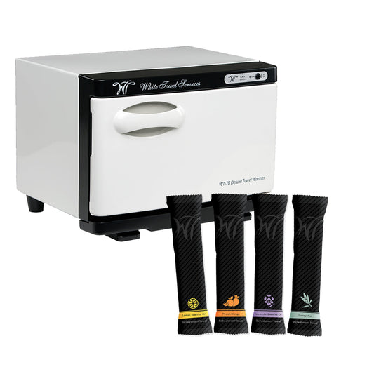 Professional towel warmer and four scented refreshment towel options designed for relaxation in spas, salons, or wellness centers. From White Towel Services
