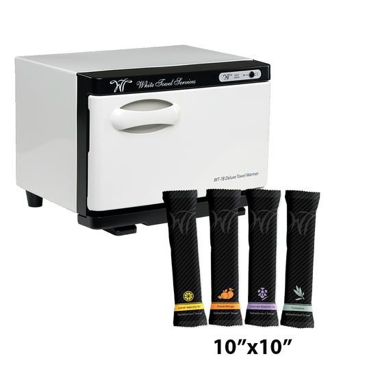 White Towel Services deluxe towel warmer with four scented towel packs: lemon, peach mango, lavender, and eucalyptus.