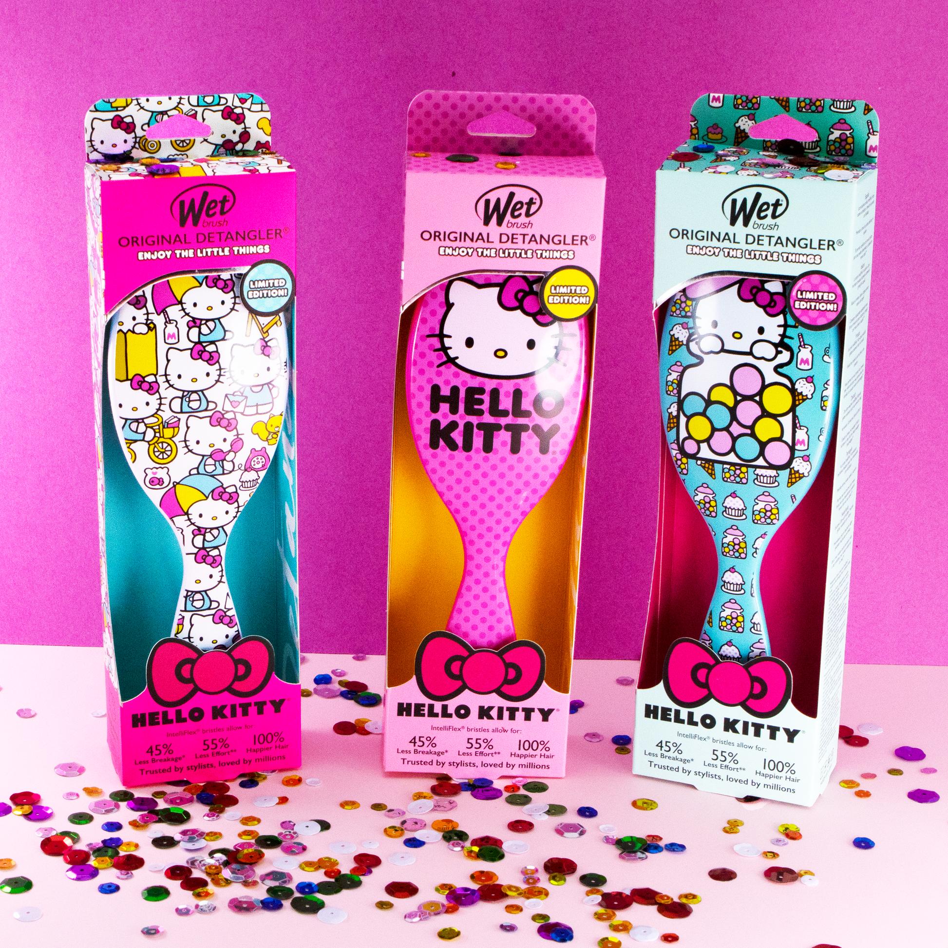 Wet Brush Hello Kitty detangler set featuring three colorful brush designs with fun patterns