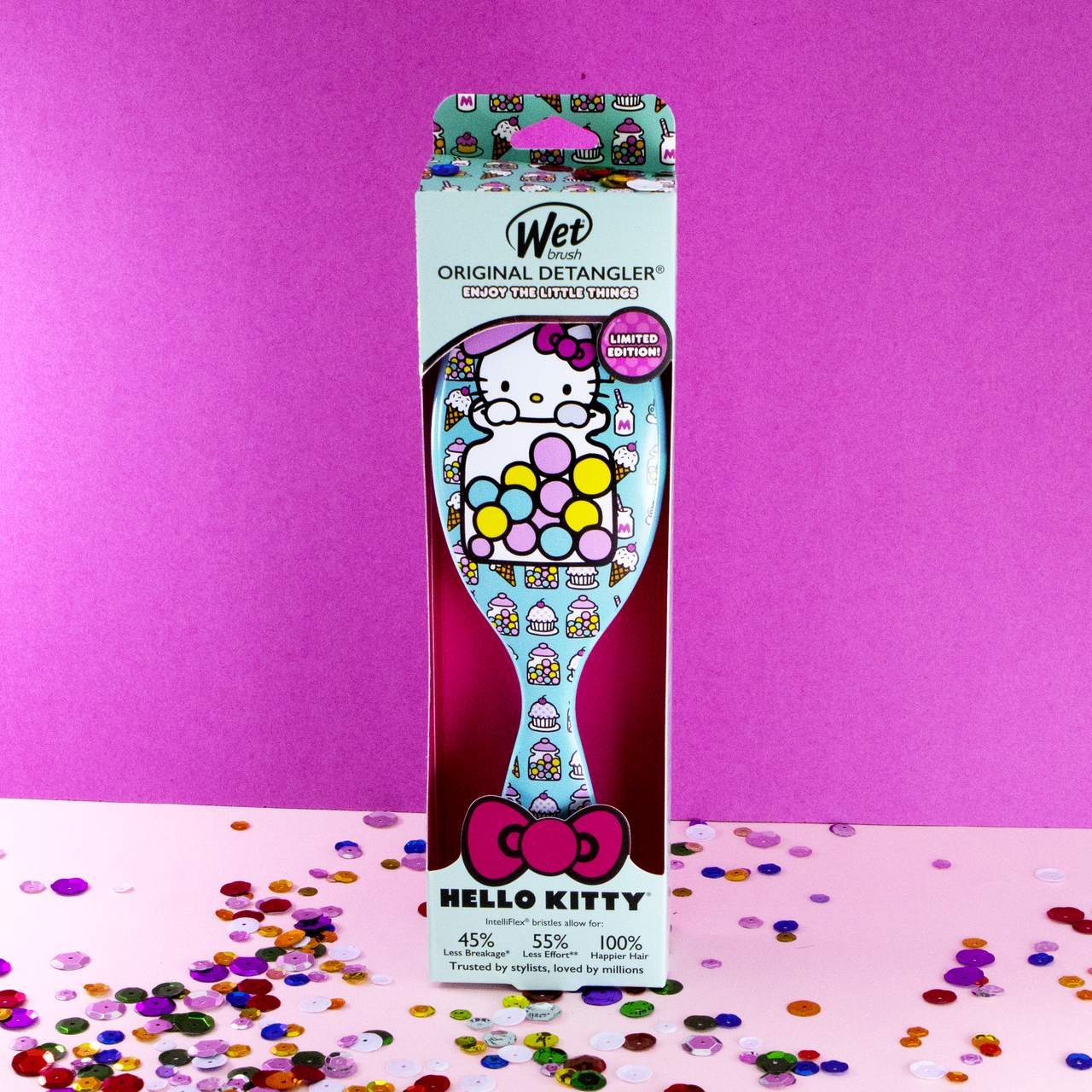 Wet Brush Hello Kitty detangler in limited edition packaging designed for easy hair styling