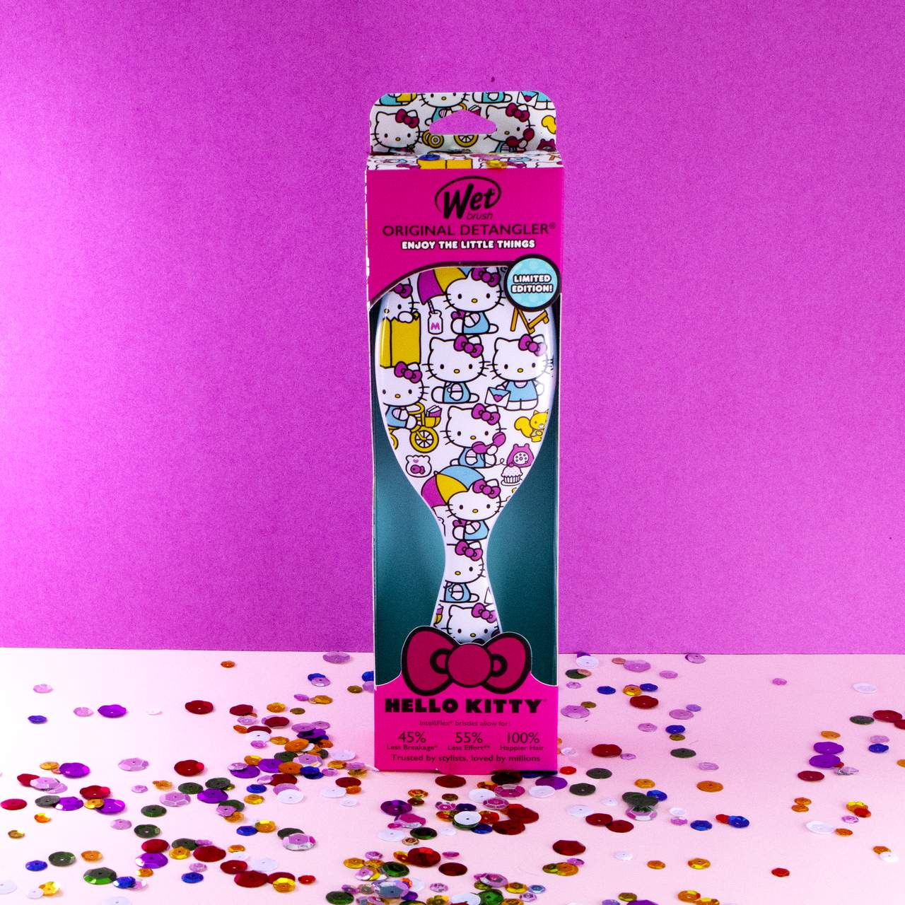 Wet Brush Hello Kitty detangler in colorful packaging for effortless hair brushing