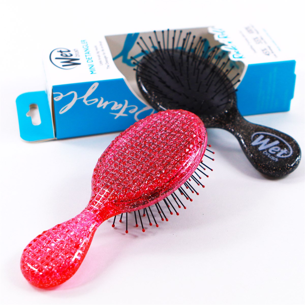 Wet Brush Mini Glitter Detangler in pink and black for easy hair detangling and styling