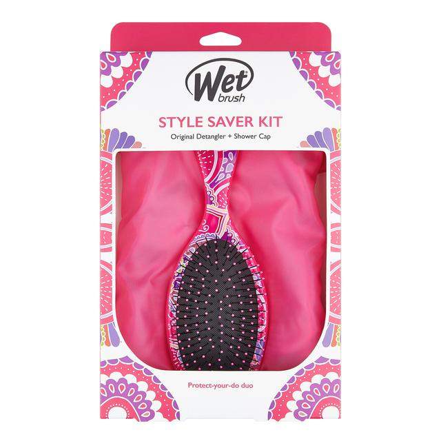 Wet Brush Style Saver Kit featuring an Original Detangler Brush and a stylish shower cap